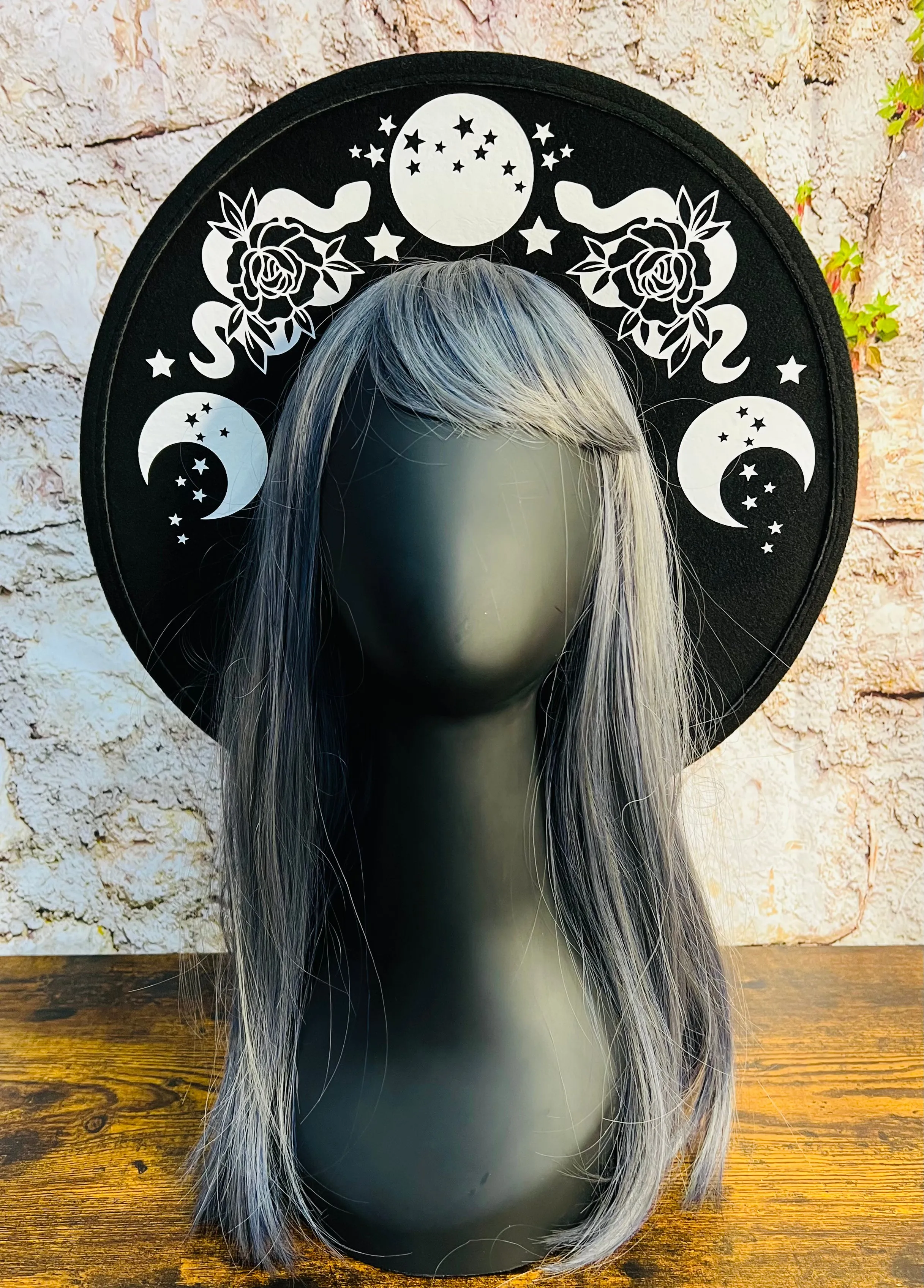 Vegan Felt Wide Brim Hat - Flat Top XL Brim - "Floral snake moon phase"