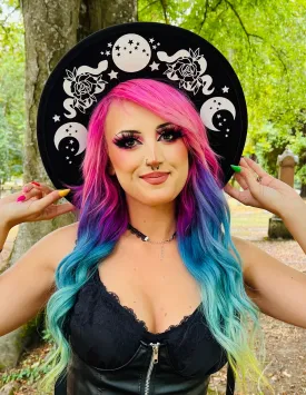 Vegan Felt Wide Brim Hat - Flat Top XL Brim - "Floral snake moon phase"