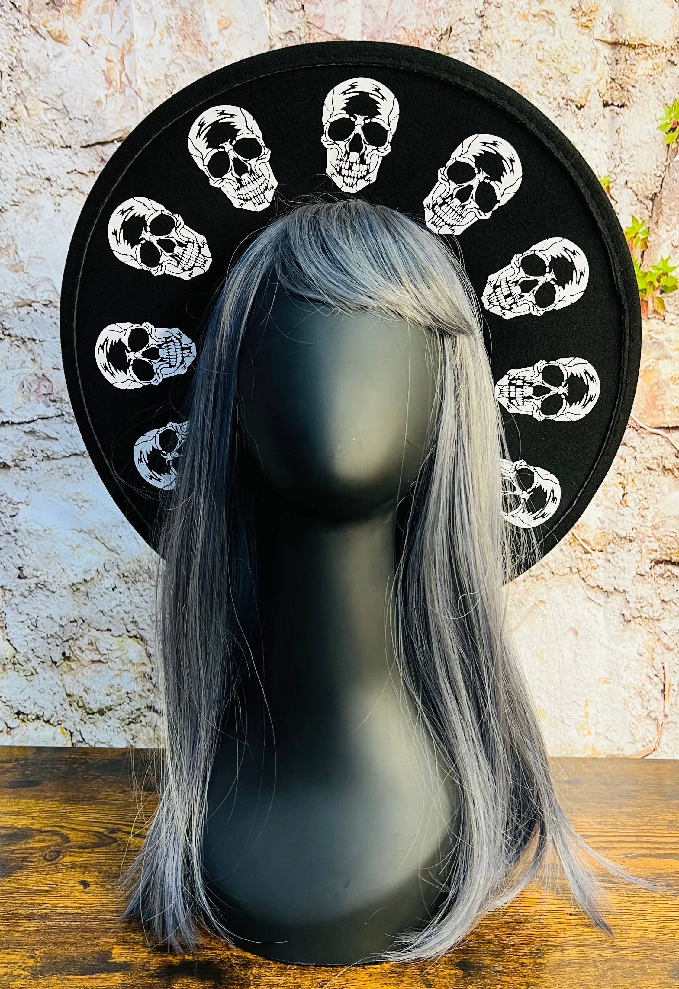Vegan Felt Wide Brim Hat - Flat Top XL Brim - "Skulls"
